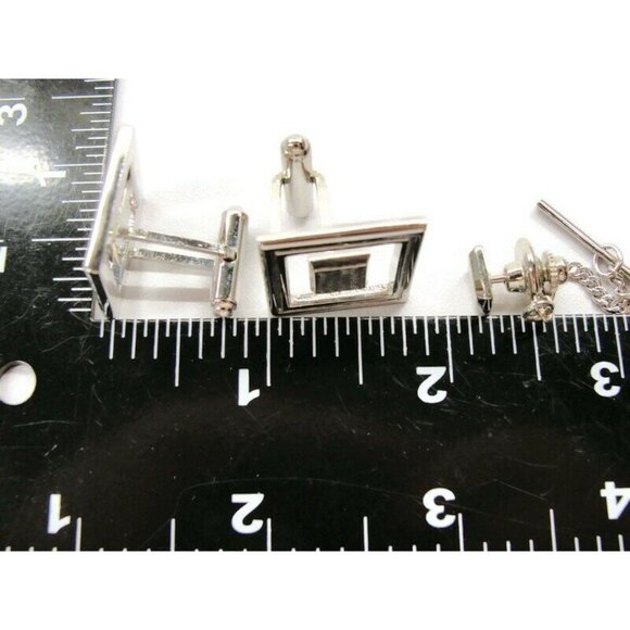 Cufflinks Tie Tac Set Floating Square Silver Tone Tux Suit Vintage - Picture 6 of 8